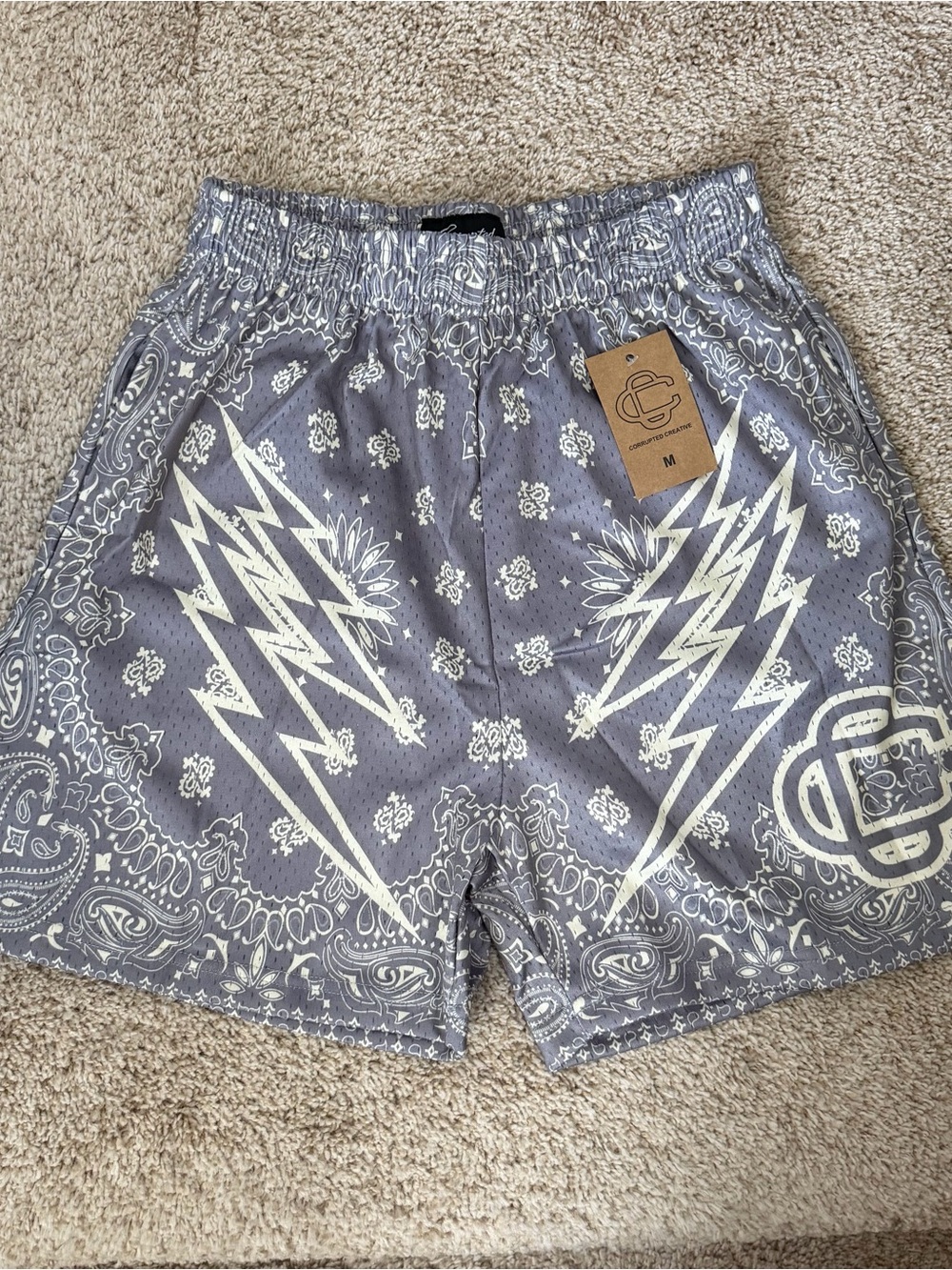 Men's Gray Athletic Shorts with White Graphic Lightning Print